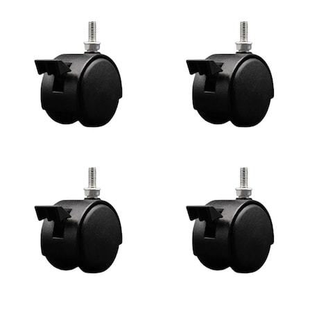 Service Caster 2'' Black Metal Hood Twin Caster with Brake Nylon Wheel 1/4 Thread Stem, 4PK SCC-TS02S50D-NYS-FB-B-142058-4